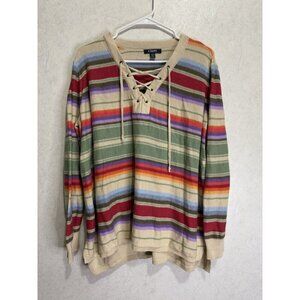 CHAPS Womens V-Neck Sweater Multi-Color Striped Long Sleeve Lace Up Rainbow 1X